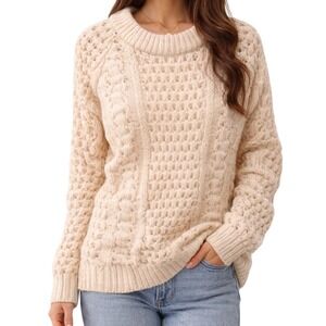 LL Bean Vintage Fisherman Sweater Womens Small Cream Wool Cable Knit Ireland